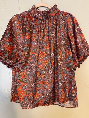 Printed Blouse Size M Orange Paisley High Neck Puff Sleeve Button Back Top